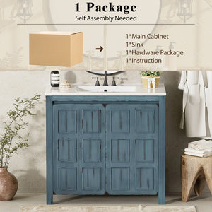 English Elm 36" Bathroom Vanity Organizer with Ceramic Sink, Solid Wood Distressed Finish, Hand-Painted Charm and Ample Storage Retro Blue N729P255666C