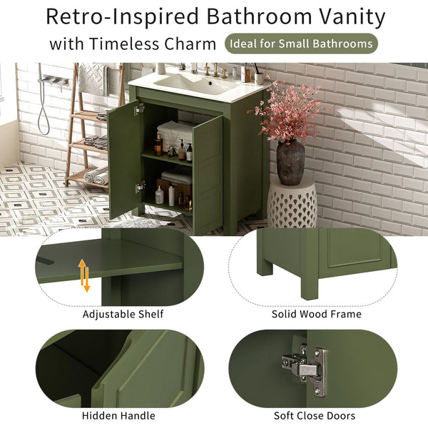 English Elm 30'' 30'' Farmhouse Bathroom Vanity Olive Green with Ceramic Sink, Adjustable Shelves, Soft-Close Doors, Rustic Wood Frame N729P290712F