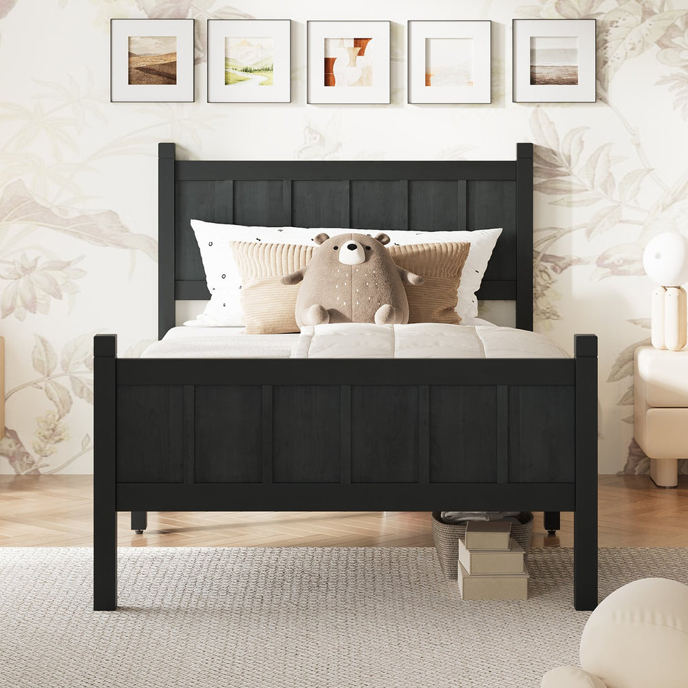 English Elm Twin Platform Bed Vertical Slat Headboard Farmhouse Shaker Wood Grain Finish Bedroom Black N733P422478E