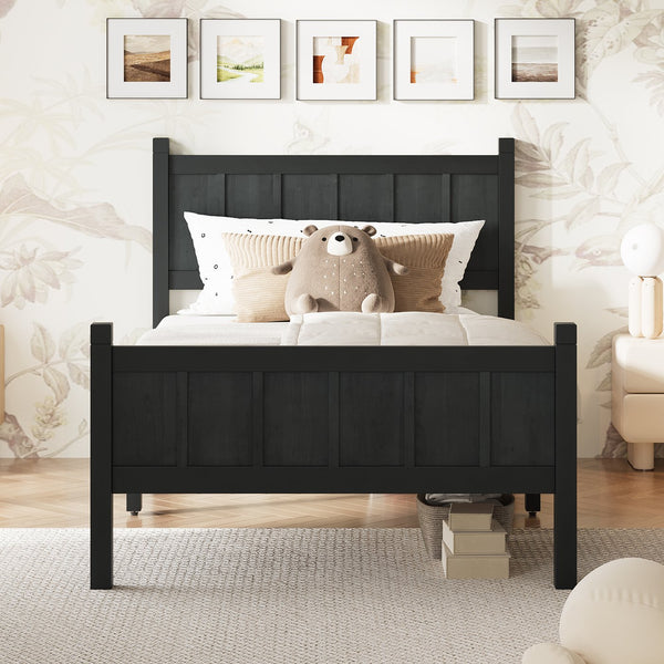 English Elm Twin Platform Bed Vertical Slat Headboard Farmhouse Shaker Wood Grain Finish Bedroom Black N733P422478E