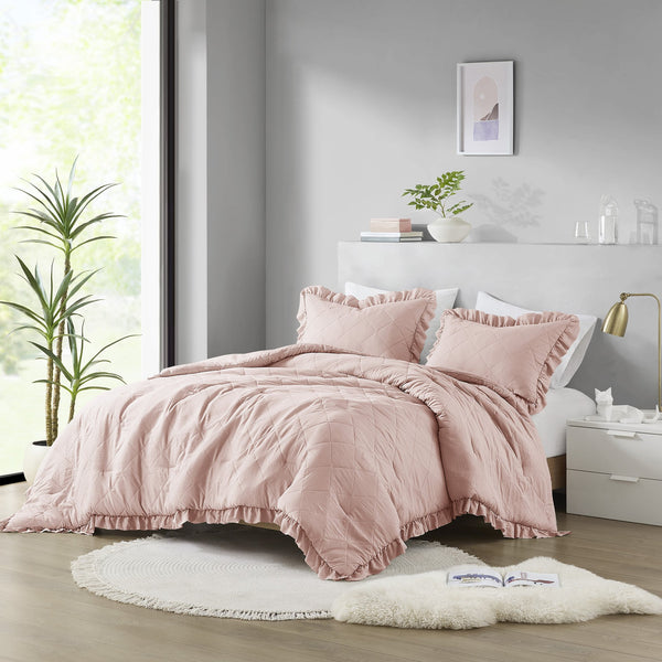 JLA Home Comfort Spaces - Diamond Quilted Ruffle Edge Comforter Set — Oeko‑Tex Certified Midweight Plush Loft, Pre-Washed Softness for Year-Round Cozy Sleep Blush AM10-0185