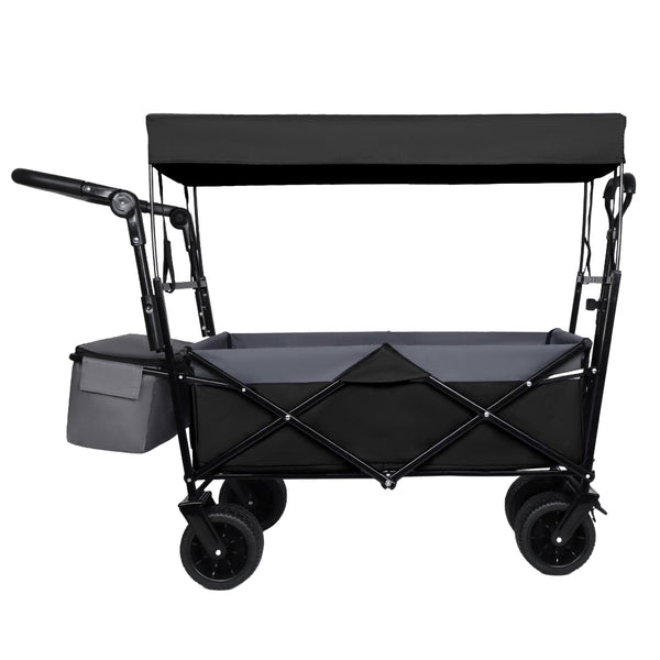 English Elm With Canopy and Steel Frame Collapsible Wagon All-terrain Heavy Duty Outdoor Cart Black W2932P326774