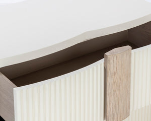 Sunpan VENETTA Nightstand - Cream Base with Reeded Drawers & Light Oak Top for Timeless Bedroom Elegance 110664