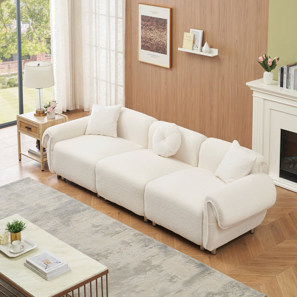 English Elm 112 Plush Teddy Velvet Sofa 112" x 38.2" x 28.3" with Metal White Legs, 3-Person Seating, 3 Pillows, 500lb Capacity Beige W1278S00050