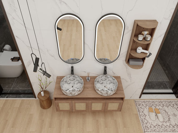 English Elm 48" Floating Bathroom Vanity Oak Finish Dual Ceramic Sinks Soft Close Plywood Cabinet W999S00506