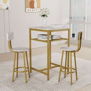 English Elm Bar bar table set of 3 with 2 backrest stools and partition — durable iron frame, modern counter dining solution White+Gold W578P303856