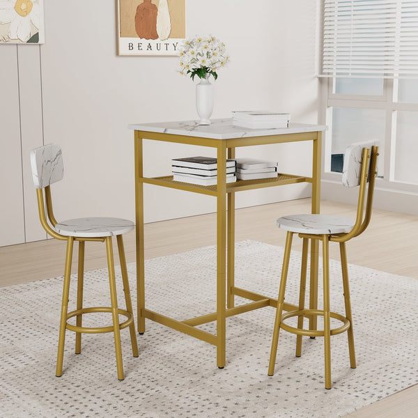English Elm Bar bar table set of 3 with 2 backrest stools and partition — durable iron frame, modern counter dining solution White+Gold W578P303856