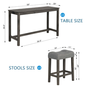 English Elm 4 Piece Bar Table Set with Power USB Type-C Outlet, Dark Gray Rustic Wood Grain Top, 3 Padded Stools for Living Room Dining Comfortable Seating and Durable Rubberwood Legs W1998P193827