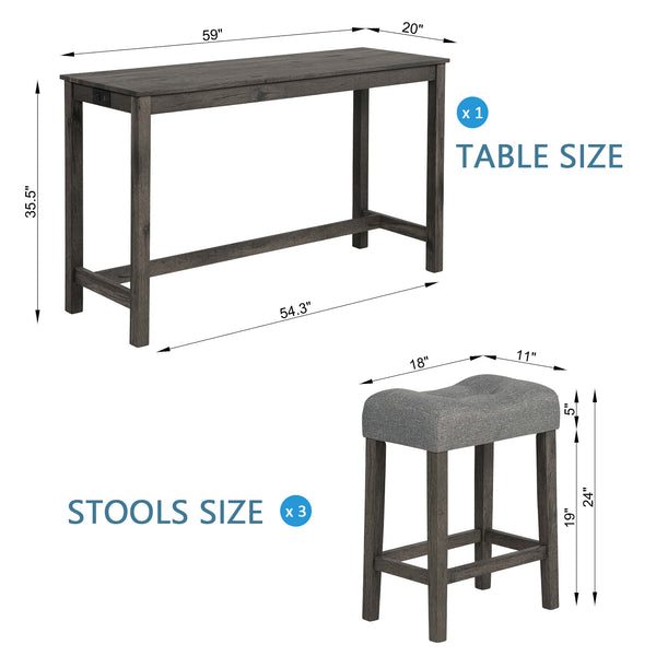 English Elm 4 Piece Bar Table Set with Power USB Type-C Outlet, Dark Gray Rustic Wood Grain Top, 3 Padded Stools for Living Room Dining Comfortable Seating and Durable Rubberwood Legs W1998P193827