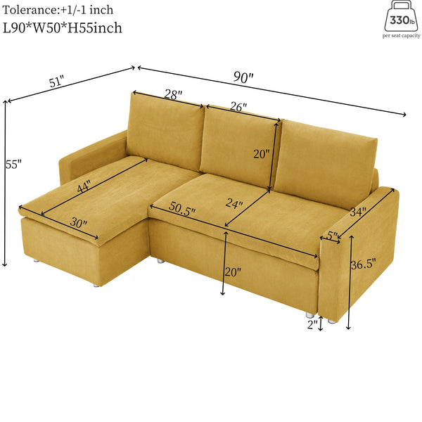 English Elm L L Shaped Convertible Sleeper Sofa Bed with Reversible Chaise, Pull-Out Bed, Hidden Storage Covers Yellow W1117S00115