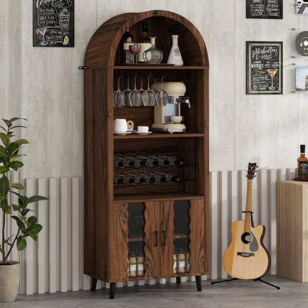 English Elm 71"Farmhouse Arched Wine Bar Cabinet with 15 Bottle Racks, 16 Glass Holders, Anti-Tip Safety for Living/Dining Brown Oak W2977P338256