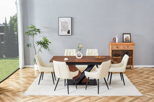 English Elm Modern Extendable Dining Table with Walnut MDF Veneer Top, Dual V-Shaped Metal Base, Sleek Durable Design Dark Walnut W3493S00007