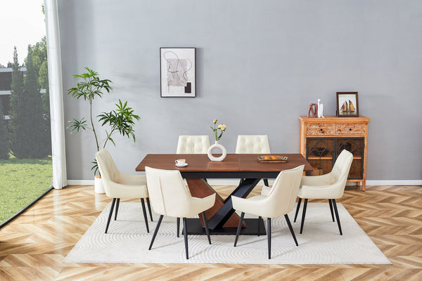 English Elm Modern Extendable Dining Table with Walnut MDF Veneer Top, Dual V-Shaped Metal Base, Sleek Durable Design Dark Walnut W3493S00007