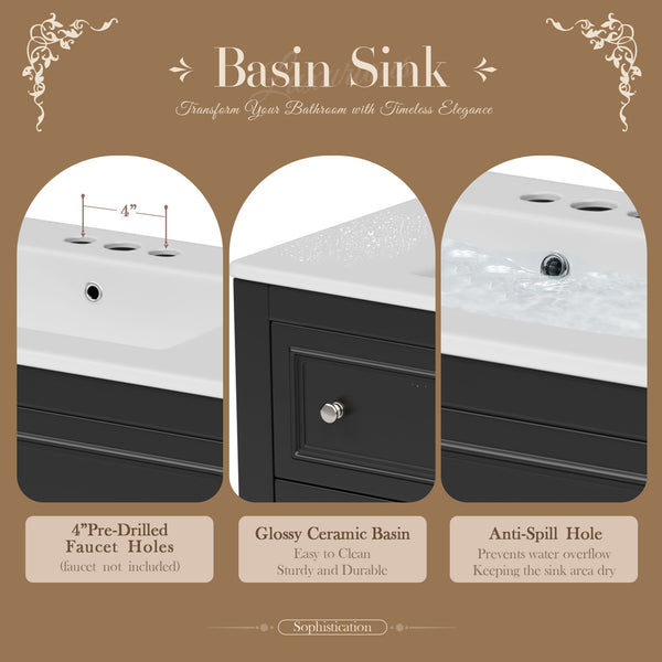 English Elm 36'' Modern Bathroom Vanity with Ceramic Sink and Medicine Cabinet, Solid Wood Frame, 4 Drawers, Waterproof Finish Black SW000138AAB-1