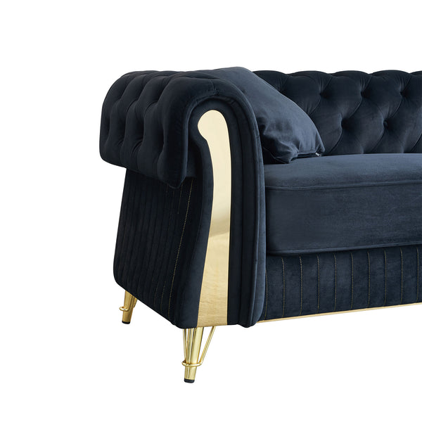 English Elm 89''W Chesterfield Modern Tufted Velvet Sofa with Pocket Springs, Gold Trim & Removable Cushions Black W579S00038