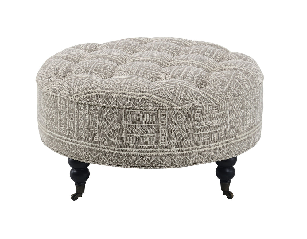 English Elm Upendo Pattern Fabric Ottoman with Casters, Tufted Round Accent Seat, D30 Foam, Wooden Frame Elegance B2726P253208