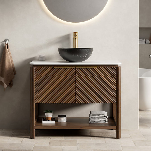 English Elm Dina Floating Bathroom Vanity Sintered Stone Top Glass Basin Striped Plywood Cabinet W2615S00726