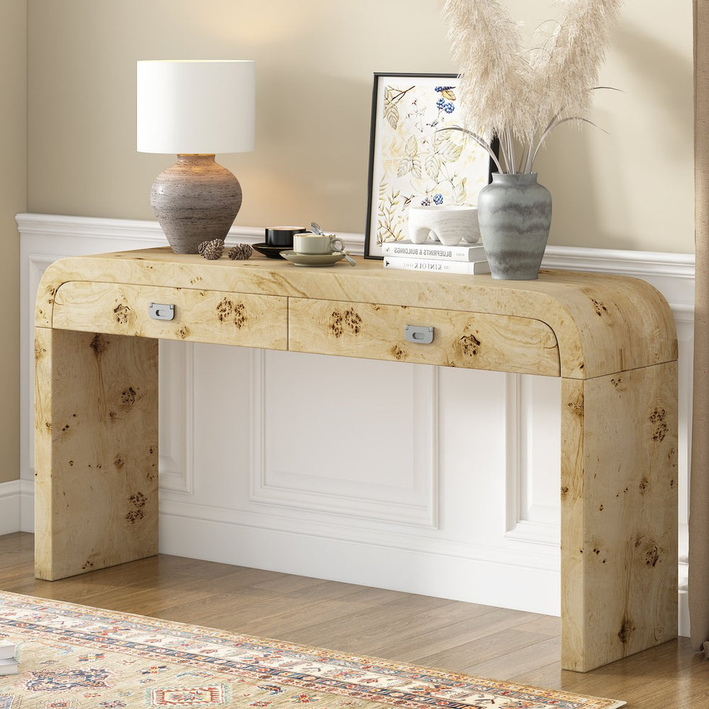 English Elm U_style Burl Veneer Console Table with Two Drawers for Foyer Living Room Hallway N711P216235A