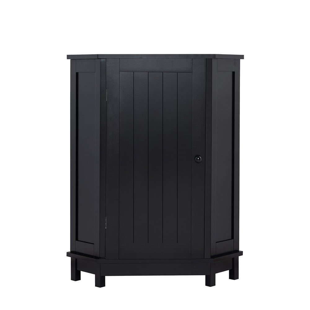 English Elm Black Triangle Corner Bathroom Cabinet with Adjustable Shelves, Modern MDF Storage for Towels & Supplies N725P333564B