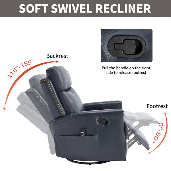 English Elm Blue Genuine Leather Rocker Swivel Recliner with Massage Heat for Living Room W1803P323714