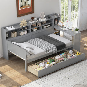English Elm Wooden Twin Daybed with Built-In Desk, Side Shelves and Dual Drawers for Smart Space Saving Gray 54.9 L x 18.75 W x 5.6 H N733S241484E