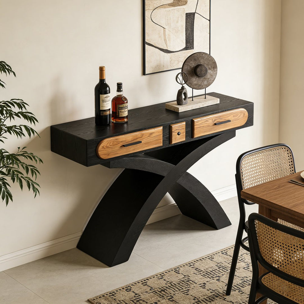 English Elm Ashwood Veneered Console Table with X Frame Legs and Two Drawers for Entryway Decor W3040P455738