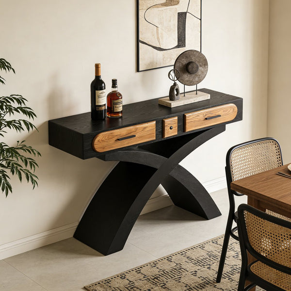 English Elm Ashwood Veneered Console Table with X Frame Legs and Two Drawers for Entryway Decor W3040P455738