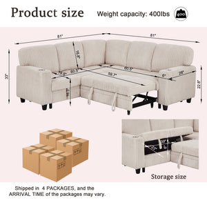 English Elm L-shaped Sectional Sleeper Sofa with Hidden Storage Usb Charging Corduroy Upholstery Beige W1998S00093