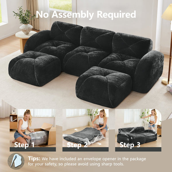 English Elm U-shaped Modular Velvet Sofa Tufted Cloud Seating for Living Room or Home Theater Black W714S01628
