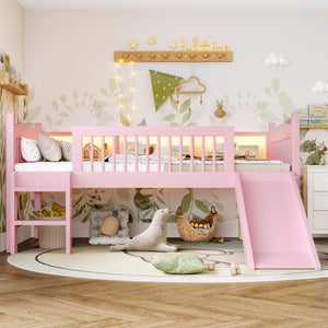 English Elm Twin Xl Solid Pine Loft Bed with Built-in Led Lighting and Storage Shelves Pink W1580S00365
