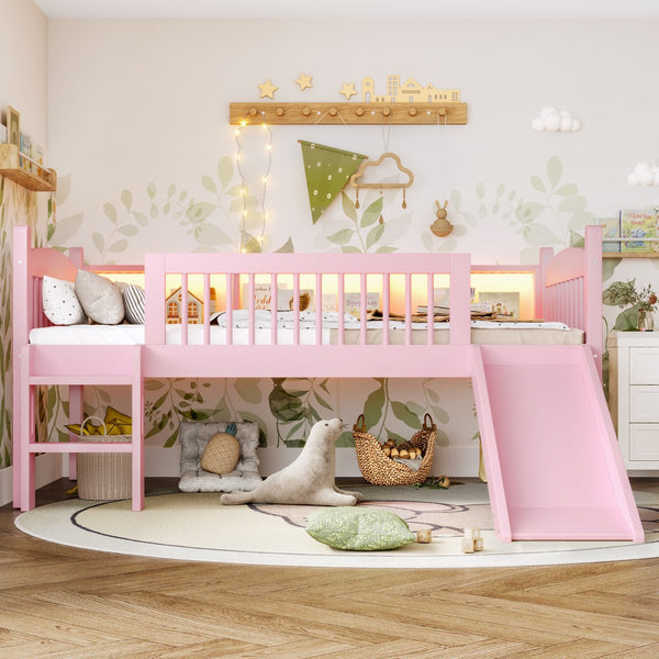 English Elm Twin Xl Solid Pine Loft Bed with Built-in Led Lighting and Storage Shelves Pink W1580S00365