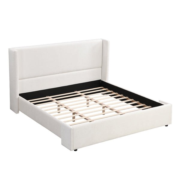 English Elm Elegant Wingback King Bed Tall White Fabric Upholstered Frame for Master Bedroom N769K370471W