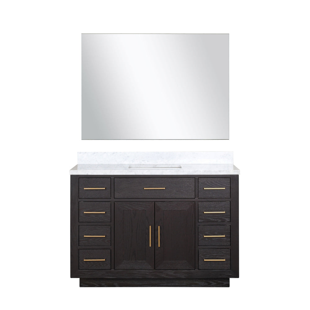 English Elm Black Oak Single Bath Vanity Set With Carrara Marble Top & Frameless Mirror For Elegant Bathrooms B2731S02117