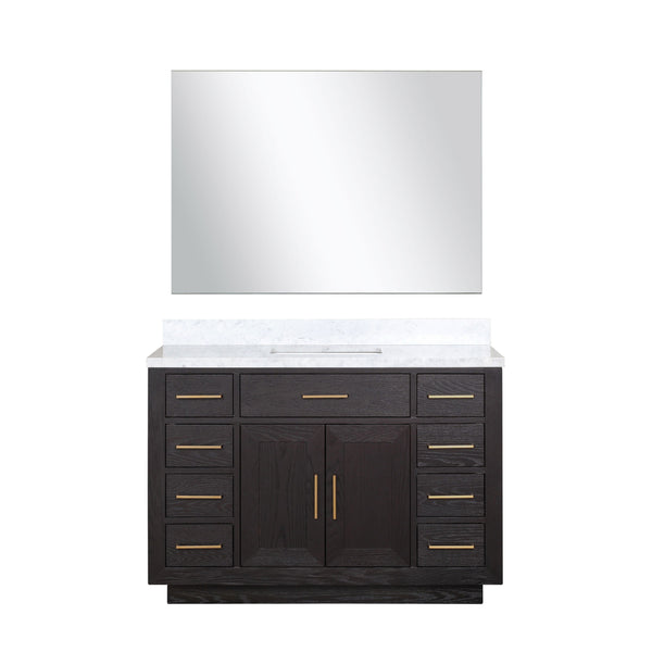 English Elm Black Oak Single Bath Vanity Set With Carrara Marble Top & Frameless Mirror For Elegant Bathrooms B2731S02117