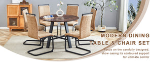 English Elm Table And Chair Set - 42-Inch Round Modern Dining Table With 6 Stylish Brown Fabric Chairs, Versatile Design W1151S03756-GIGA