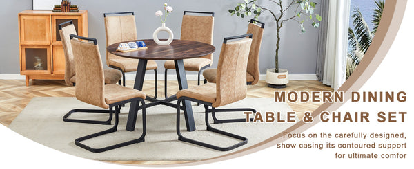 English Elm Table And Chair Set - 42-Inch Round Modern Dining Table With 6 Stylish Brown Fabric Chairs, Versatile Design W1151S03756-GIGA
