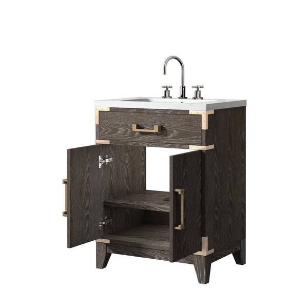 English Elm Brown Oak Single Bath Vanity with Acrylic Top, Chrome Gooseneck Faucet, Soft-Close Cabinet Storage Durable Finish 24"W x 18"D B2731P259742