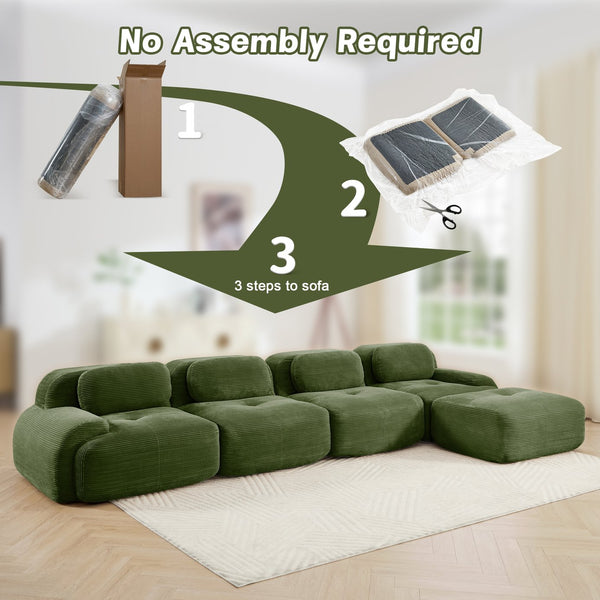 English Elm 4-seat Modular Corduroy Sectional Sofa with Curved Armrests for Living Rooms Olive Green W714S01262