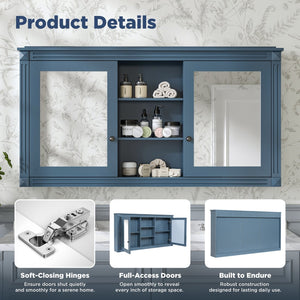 English Elm 55 Inch Wall Mount Medicine Cabinet Dual Mirrored Doors Soft Close Bathroom Vanity Storage Blue N710P401342C