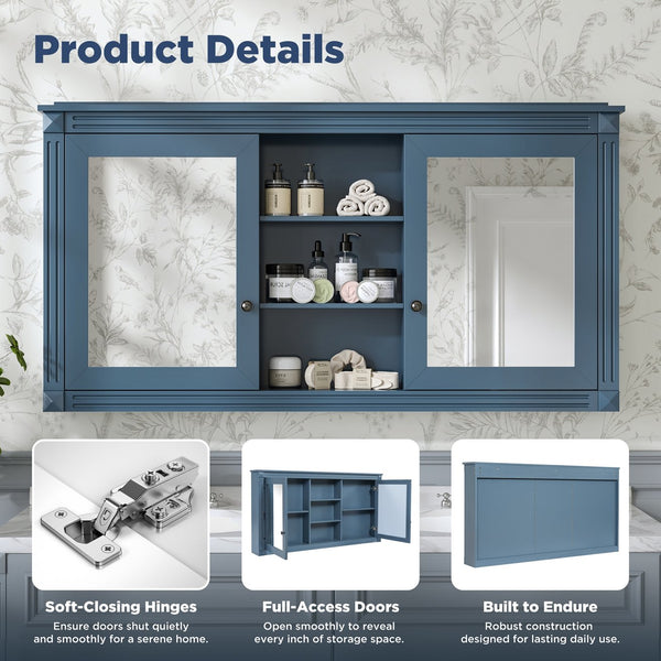 English Elm 55 Inch Wall Mount Medicine Cabinet Dual Mirrored Doors Soft Close Bathroom Vanity Storage Blue N710P401342C