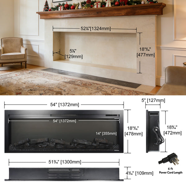 English Elm 54 Inch Recessed Electric Fireplace with Led Flame Display and Remote for Living Rooms W1769P415223