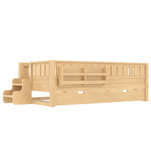 English Elm Twin Kids Platform Bed with Trundle Staircase Bookshelf and Rounded Safety Rails Light Natural W1580S00557