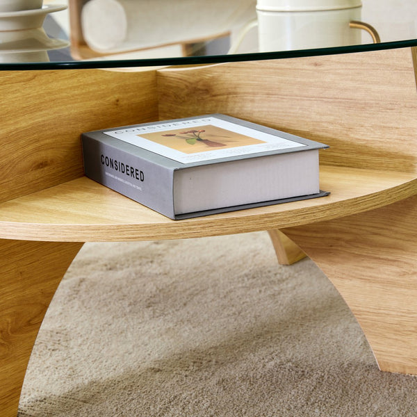 English Elm Round Tempered Glass Coffee Table with Fan Pedestal Base for Modern Living Rooms Natural Wood,Transparent W1151P256001