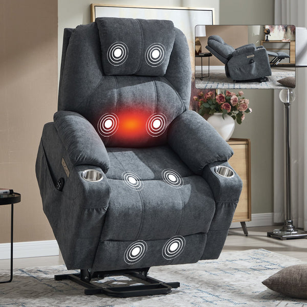 English Elm Up to 350 Lbs Chenille Power Lift Recliner with Massage Heating and Usb Charging Ports Grey W3224S00025