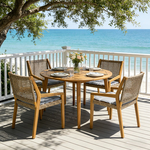 English Elm Modern Acacia Wood Round Patio Dining Set with Wicker Armchairs and Uv Resistant Cushions N770PS597R119