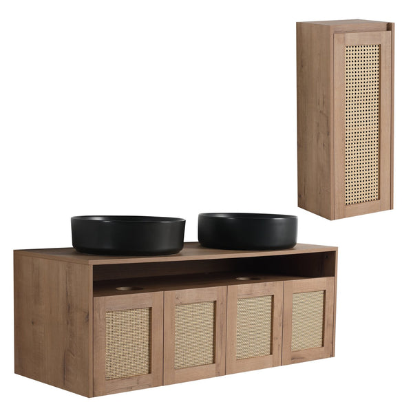 English Elm 48" Floating Bathroom Vanity Oak Finish Dual Ceramic Sinks Four Soft Close Doors W999S00499