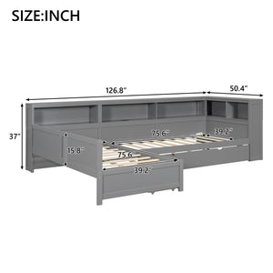 English Elm Wood Twin L-shaped Platform Bed Trundle Shelves Charging Station Kids Room Grey N7090001045E-1