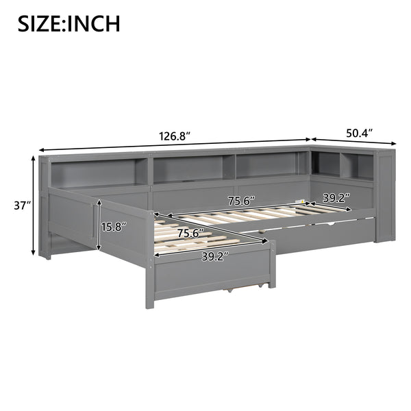 English Elm Wood Twin L-shaped Platform Bed Trundle Shelves Charging Station Kids Room Grey N7090001045E-1