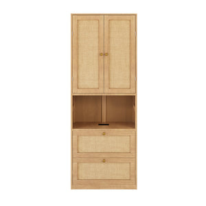 English Elm 2 Door Bookshelf with USB Port and 3 Drawers — Compact Pine-MDF Storage Cabinet for Living Room Natural 80.1 L x 17.65 W x 6.3 H N701P245551W