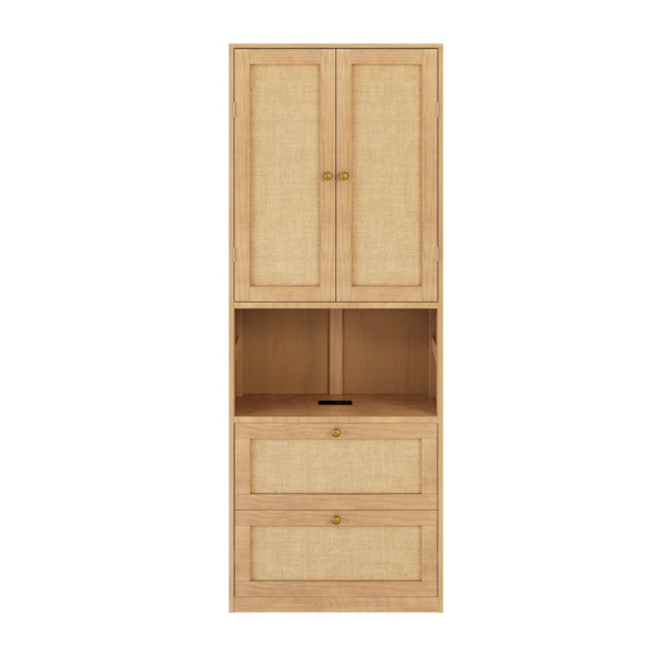 English Elm 2 Door Bookshelf with USB Port and 3 Drawers — Compact Pine-MDF Storage Cabinet for Living Room Natural 80.1 L x 17.65 W x 6.3 H N701P245551W